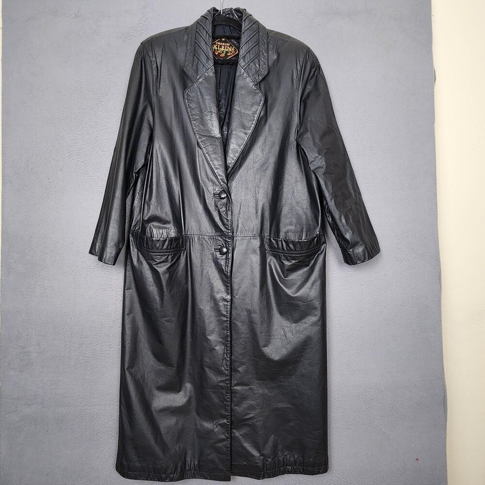 Vintage Charles Klein Coat Womens Large Black Leather Long Overcoat 80s Korea